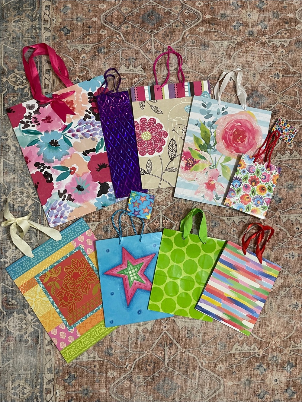 Bundle Set of 9 Colorful Assorted Gift Bags - Floral & Patterned Set